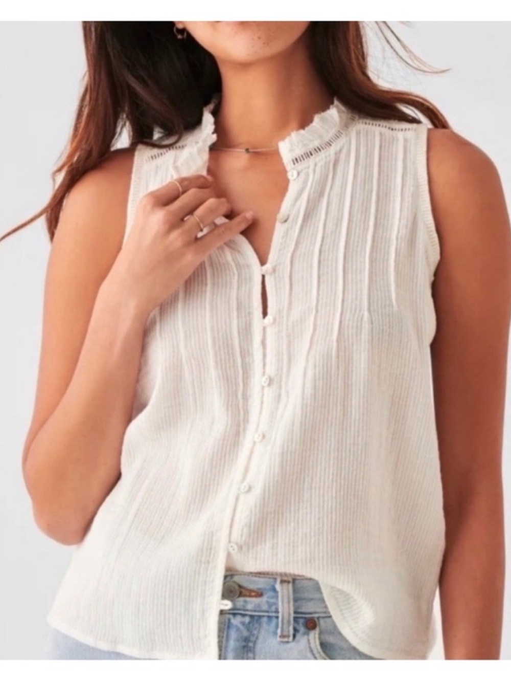 Faherty Willa Sleeveless Organic Cotton Blouse ruffled stand collar pintuck Sz L